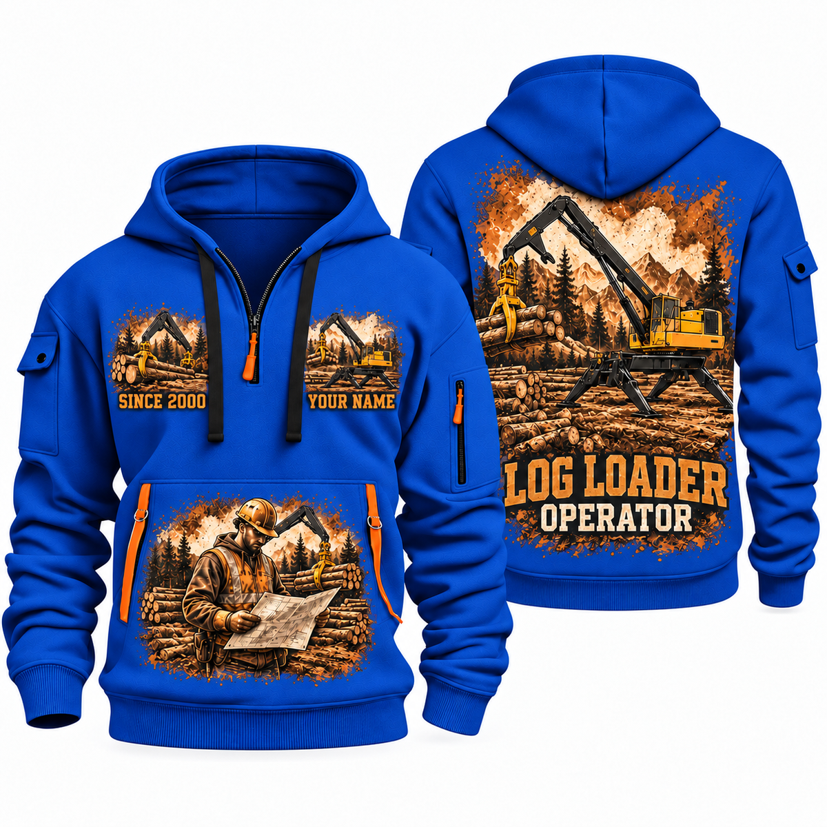 Tigercat 234C Log Loader Operator quarter zip hoodie in Blue, front and back views, sample YOUR NAME and SINCE 2000 artwork