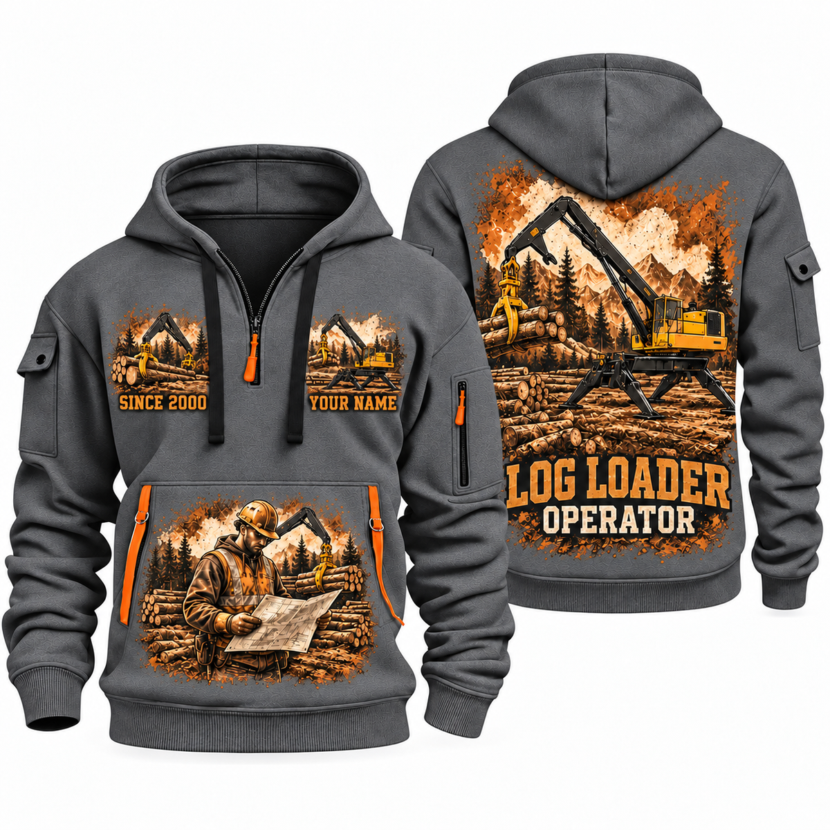 Tigercat 234C Log Loader Operator quarter zip hoodie in Gray, front and back views, sample YOUR NAME and SINCE 2000 artwork