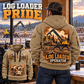 Tigercat 234C Log Loader Operator quarter zip hoodie in Khaki, adult lifestyle portrait showing front and back artwork
