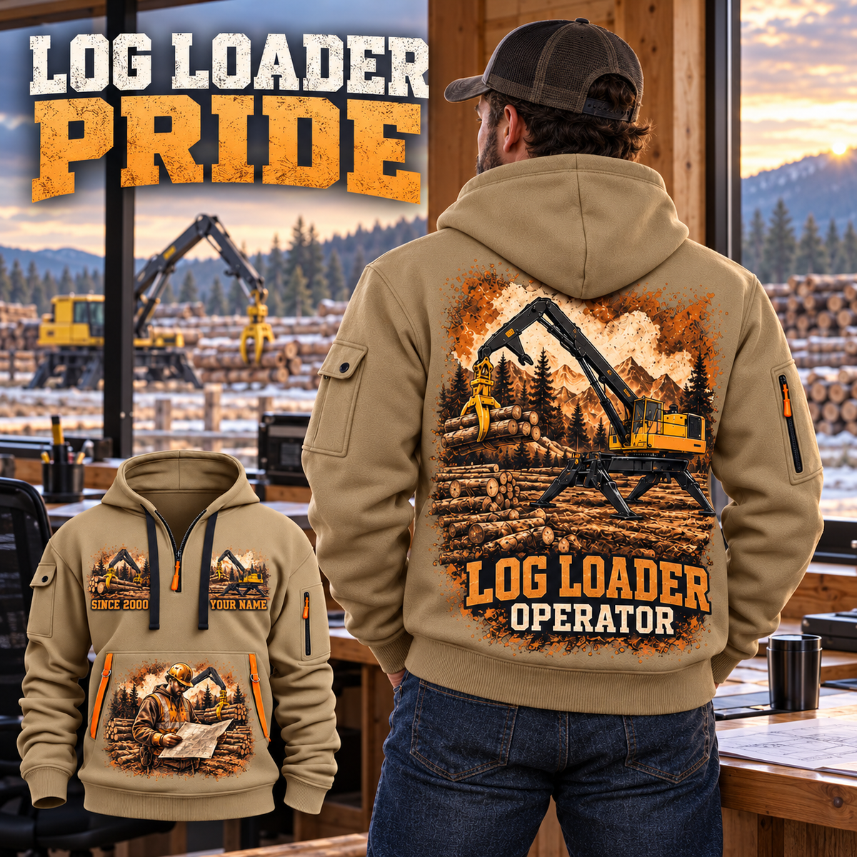 Tigercat 234C Log Loader Operator quarter zip hoodie in Khaki, adult lifestyle portrait showing front and back artwork