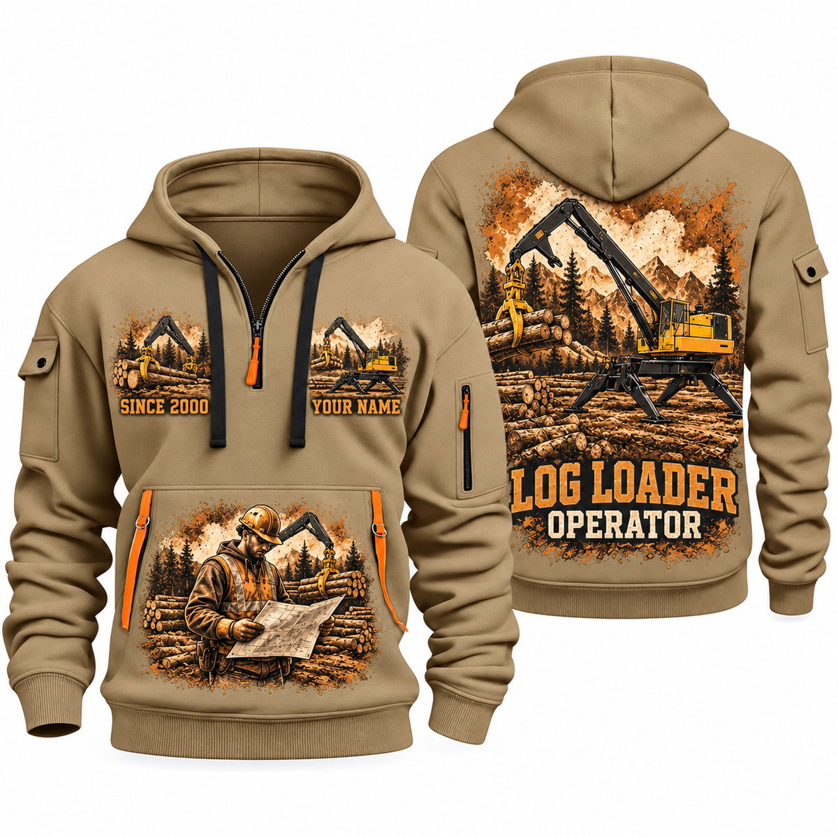 Tigercat 234C Log Loader Operator quarter zip hoodie in Khaki, front and back views, sample YOUR NAME and SINCE 2000 artwork