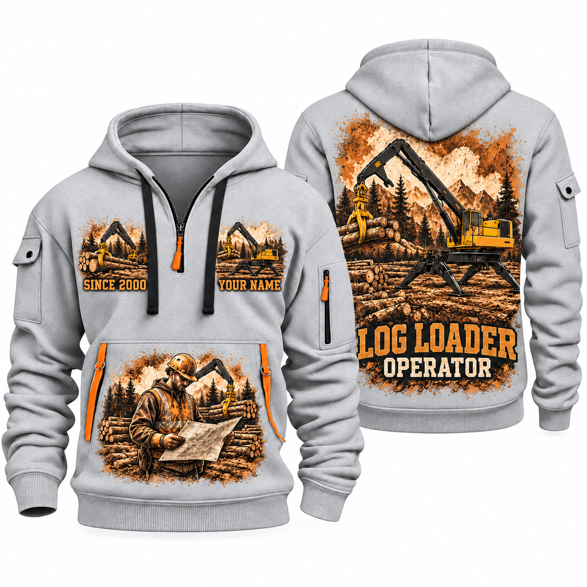 Tigercat 234C Log Loader Operator quarter zip hoodie in Light Grey, front and back views, sample YOUR NAME and SINCE 2000 artwork