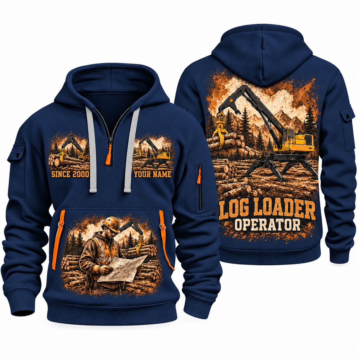 Tigercat 234C Log Loader Operator quarter zip hoodie in Navy, front and back views, sample YOUR NAME and SINCE 2000 artwork