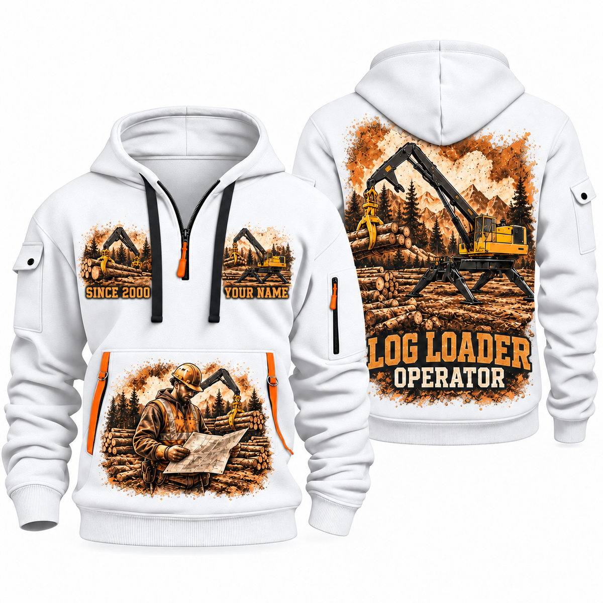 Tigercat 234C Log Loader Operator quarter zip hoodie in White, front and back views, sample YOUR NAME and SINCE 2000 artwork