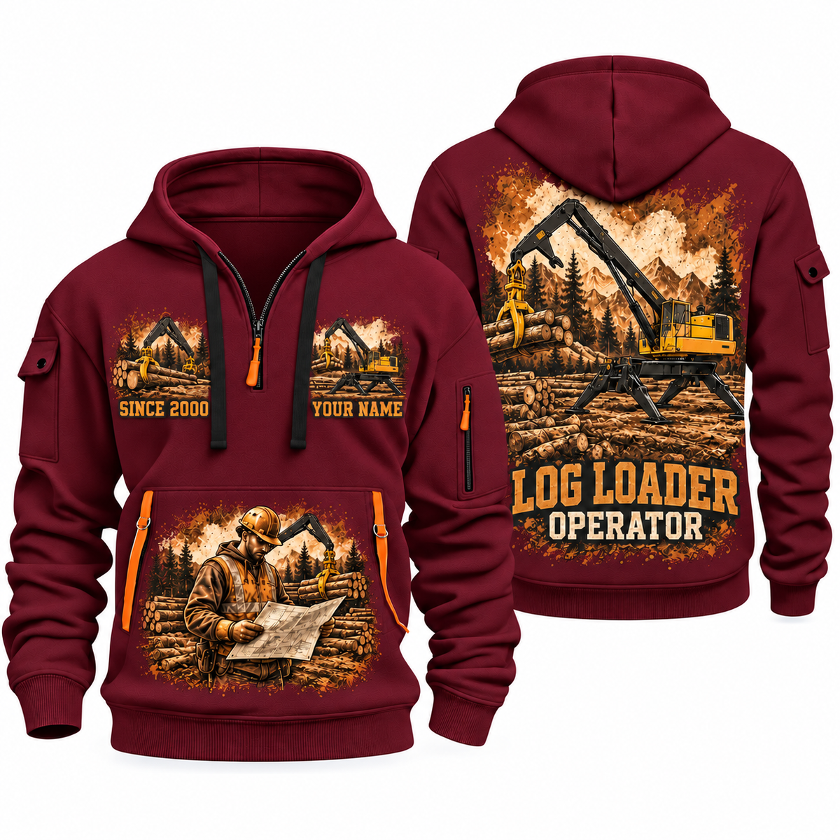 Tigercat 234C Log Loader Operator quarter zip hoodie in Wine Red, front and back views, sample YOUR NAME and SINCE 2000 artwork