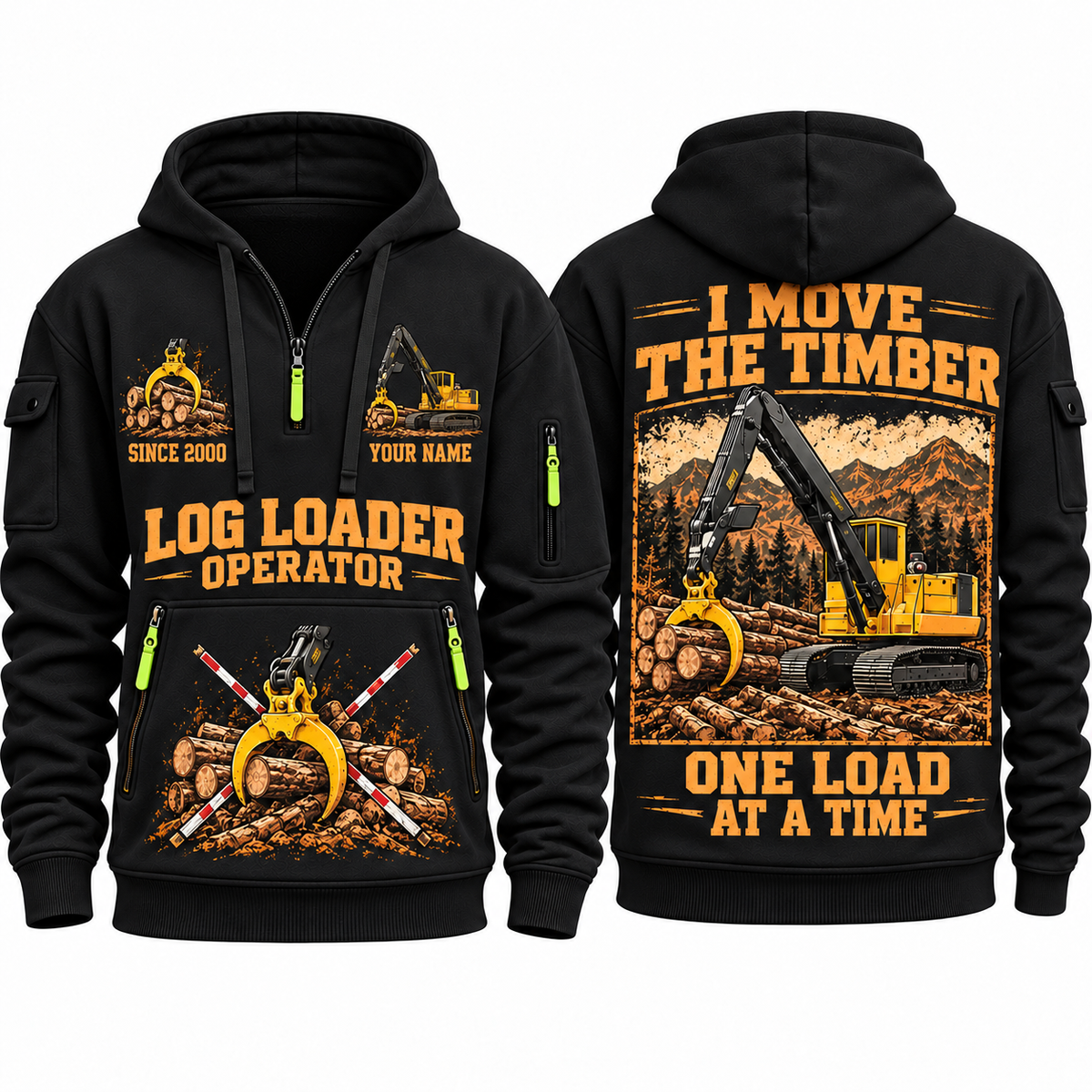 Tigercat T250E Log Loader Operator quarter zip hoodie in Black, front and back views, sample YOUR NAME and SINCE 2000 artwork