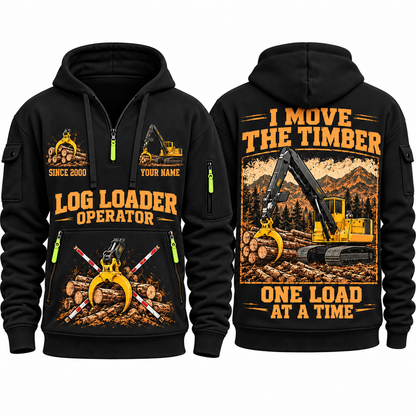 Tigercat T250E Log Loader Operator quarter zip hoodie in Black, front and back views, sample YOUR NAME and SINCE 2000 artwork