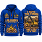 Tigercat T250E Log Loader Operator quarter zip hoodie in Blue, front and back views, sample YOUR NAME and SINCE 2000 artwork