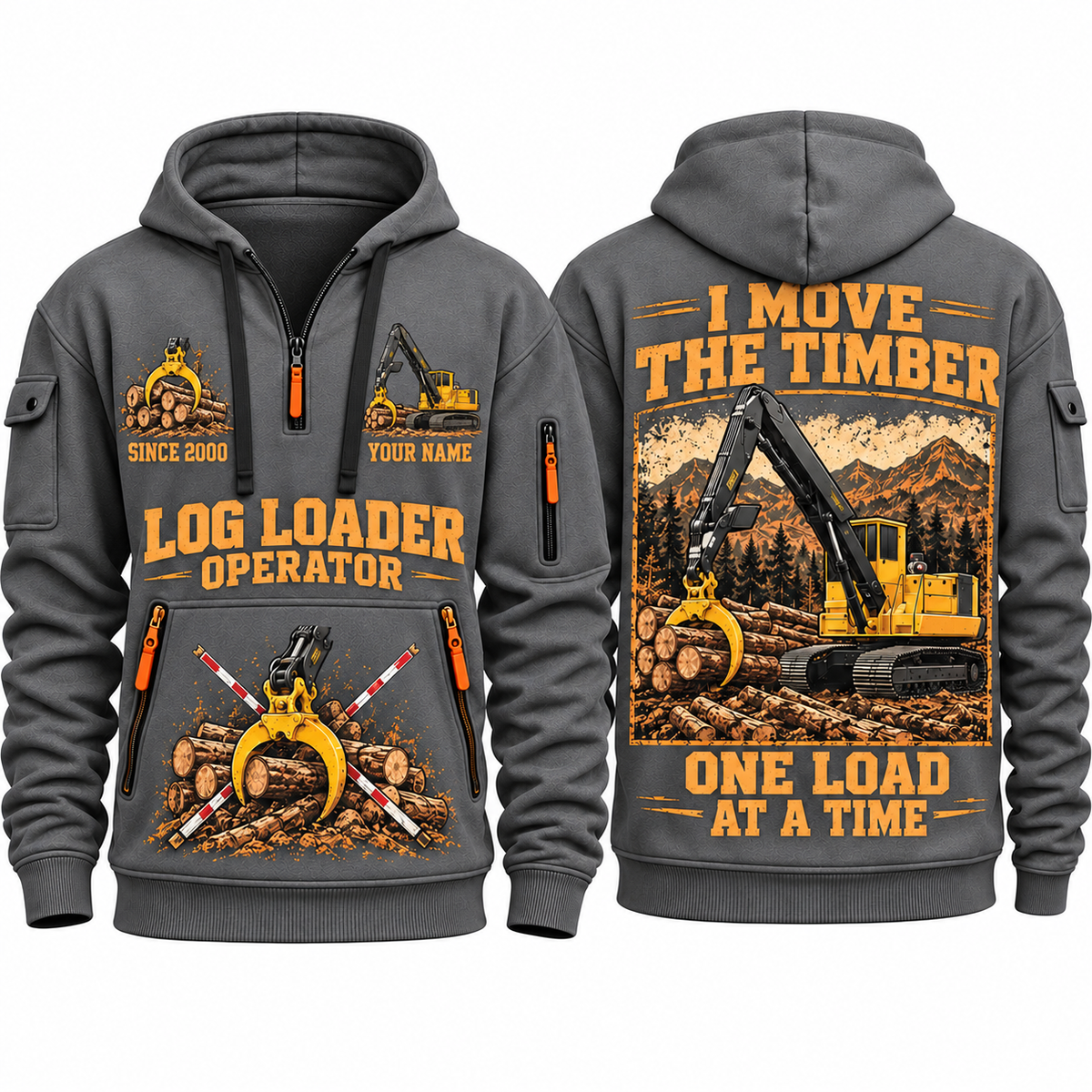 Tigercat T250E Log Loader Operator quarter zip hoodie in Gray, front and back views, sample YOUR NAME and SINCE 2000 artwork