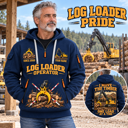 Tigercat T250E Log Loader Operator quarter zip hoodie in Navy, adult lifestyle portrait showing front and back artwork