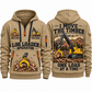 Tigercat T250E Log Loader Operator quarter zip hoodie in Khaki, front and back views, sample YOUR NAME and SINCE 2000 artwork