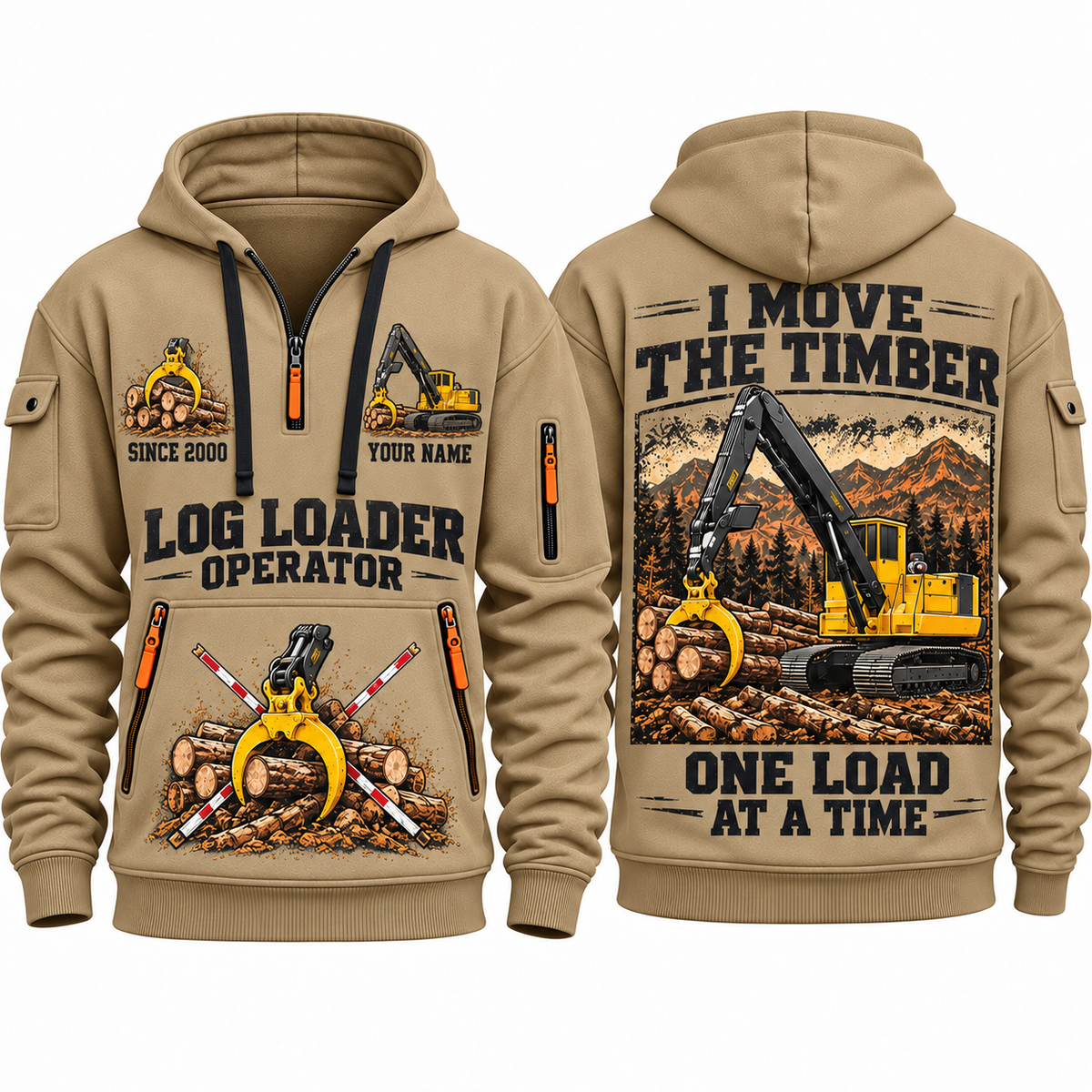 Tigercat T250E Log Loader Operator quarter zip hoodie in Khaki, front and back views, sample YOUR NAME and SINCE 2000 artwork