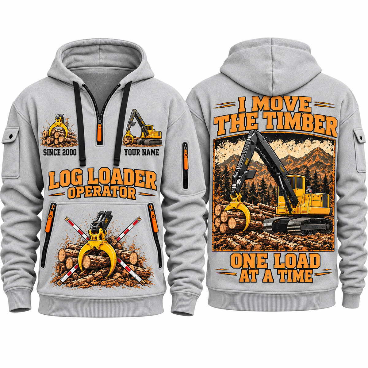Tigercat T250E Log Loader Operator quarter zip hoodie in Light Grey, front and back views, sample YOUR NAME and SINCE 2000 artwork