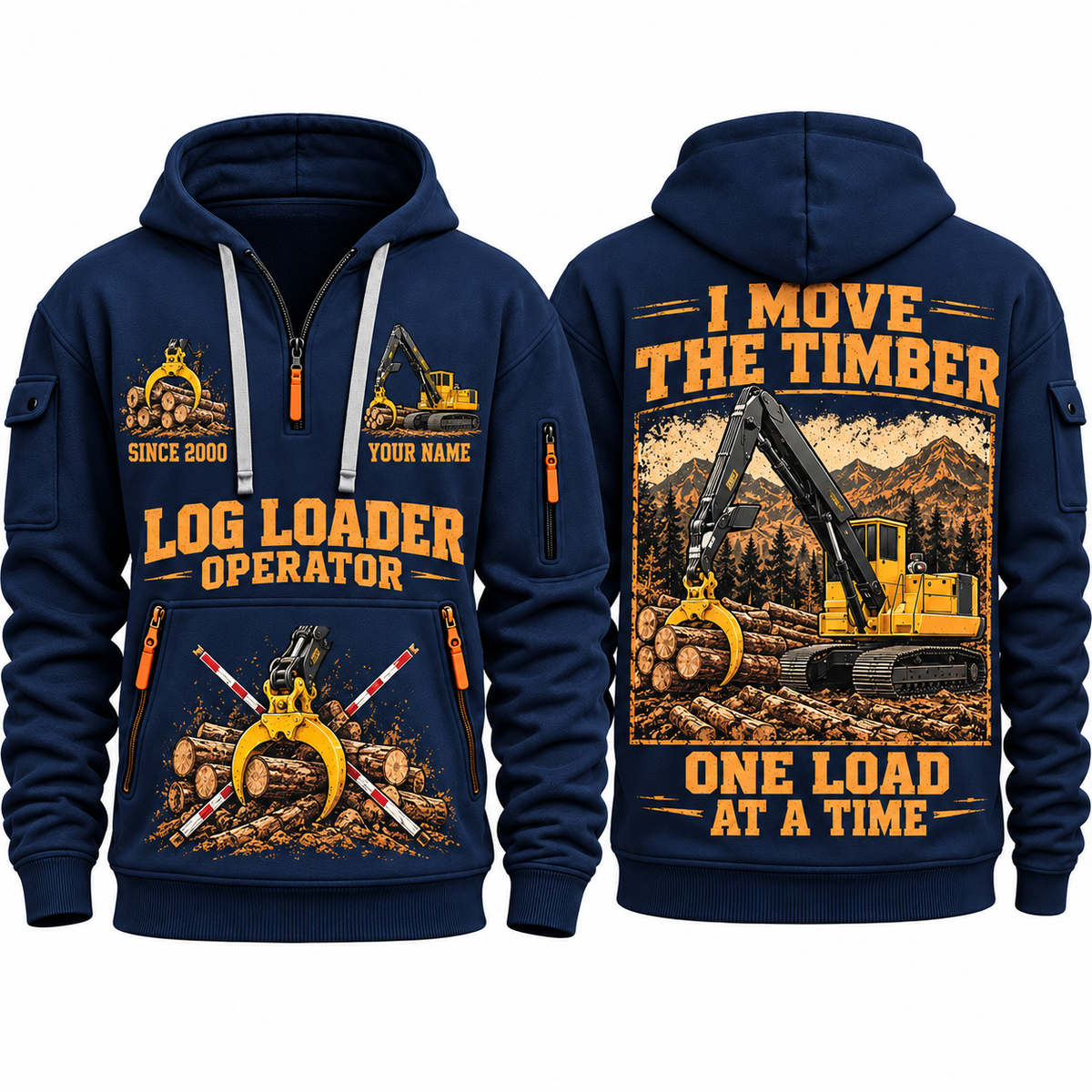 Tigercat T250E Log Loader Operator quarter zip hoodie in Navy, front and back views, sample YOUR NAME and SINCE 2000 artwork
