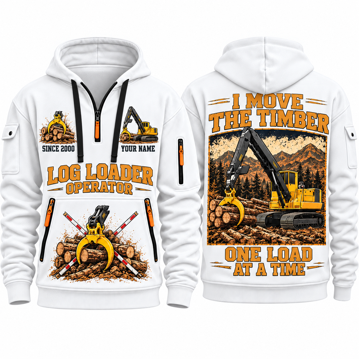 Tigercat T250E Log Loader Operator quarter zip hoodie in White, front and back views, sample YOUR NAME and SINCE 2000 artwork