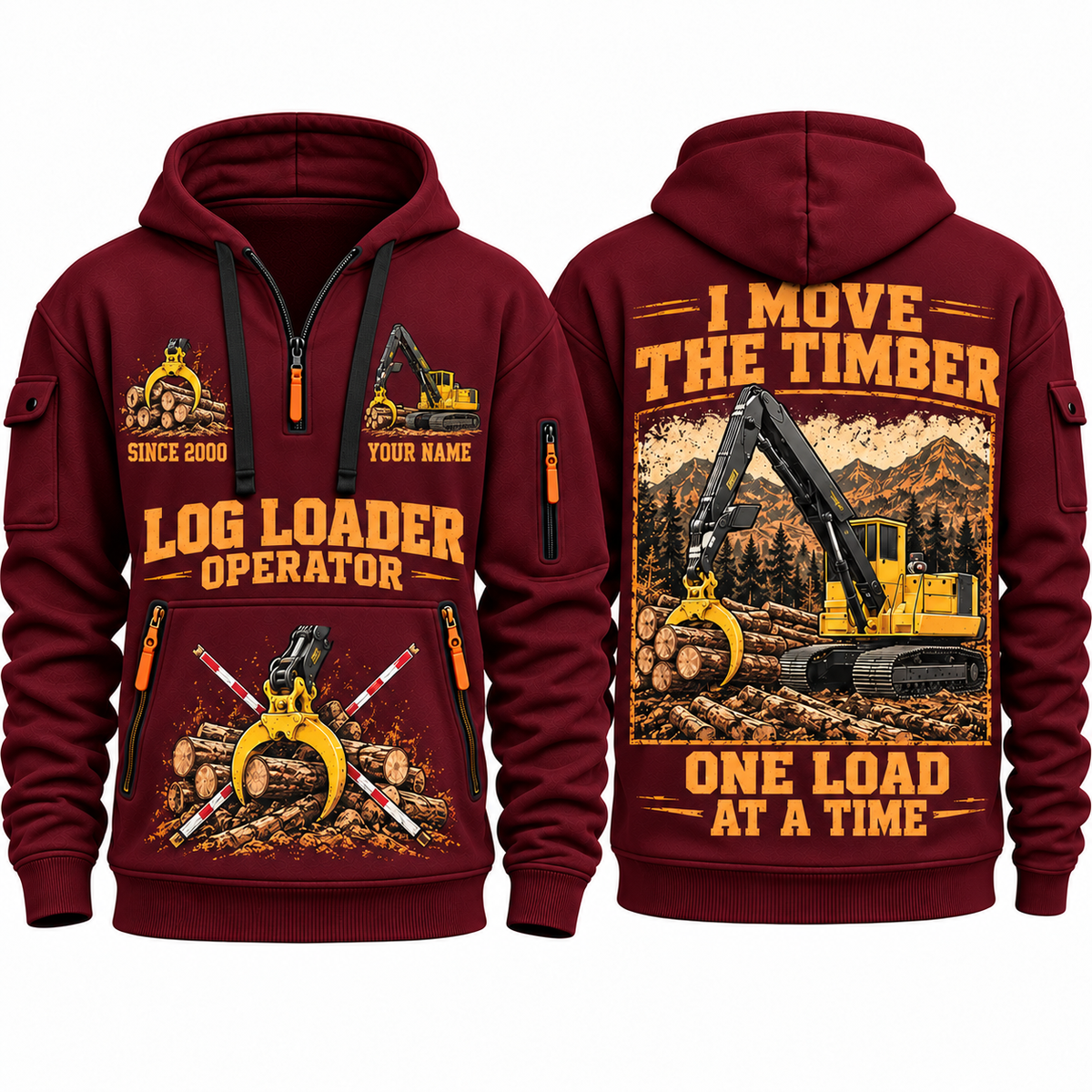 Tigercat T250E Log Loader Operator quarter zip hoodie in Wine Red, front and back views, sample YOUR NAME and SINCE 2000 artwork