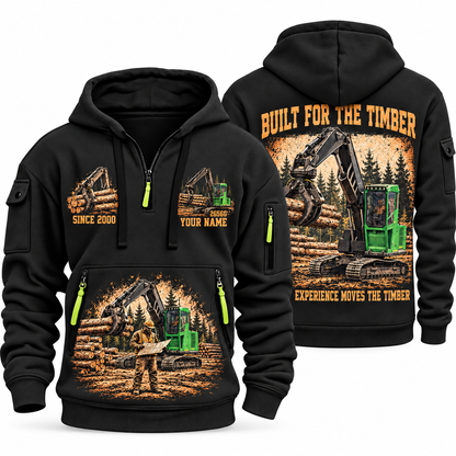 John Deere 2656G Log Loader Operator quarter zip hoodie in Black, front and back views, sample YOUR NAME and SINCE 2000 artwork