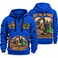 John Deere 2656G Log Loader Operator quarter zip hoodie in Blue, front and back views, sample YOUR NAME and SINCE 2000 artwork