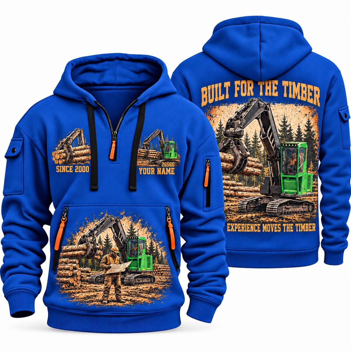 John Deere 2656G Log Loader Operator quarter zip hoodie in Blue, front and back views, sample YOUR NAME and SINCE 2000 artwork