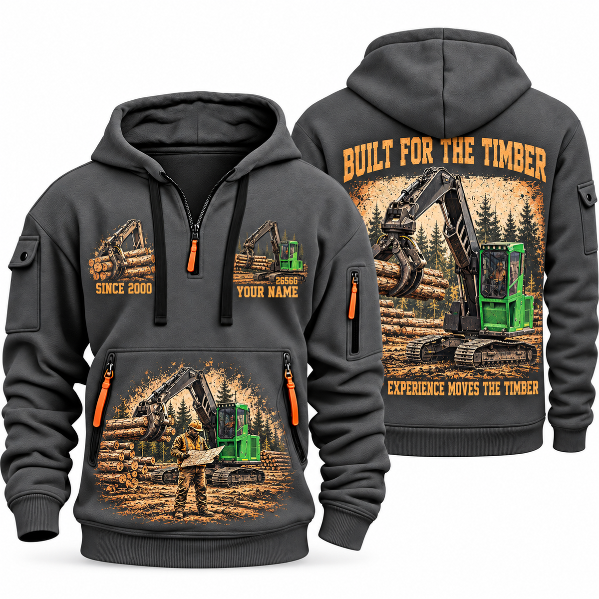 John Deere 2656G Log Loader Operator quarter zip hoodie in Gray, front and back views, sample YOUR NAME and SINCE 2000 artwork