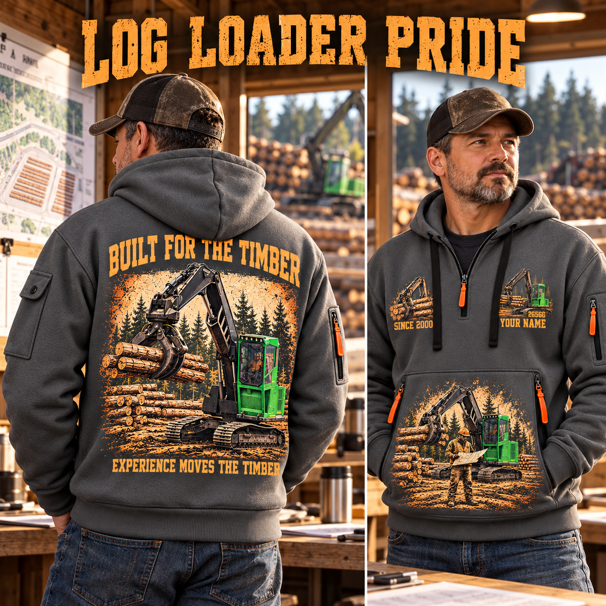 John Deere 2656G Log Loader Operator quarter zip hoodie in Gray, adult lifestyle portrait showing front and back artwork
