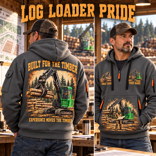 John Deere 2656G Log Loader Operator quarter zip hoodie in Gray, adult lifestyle portrait showing front and back artwork