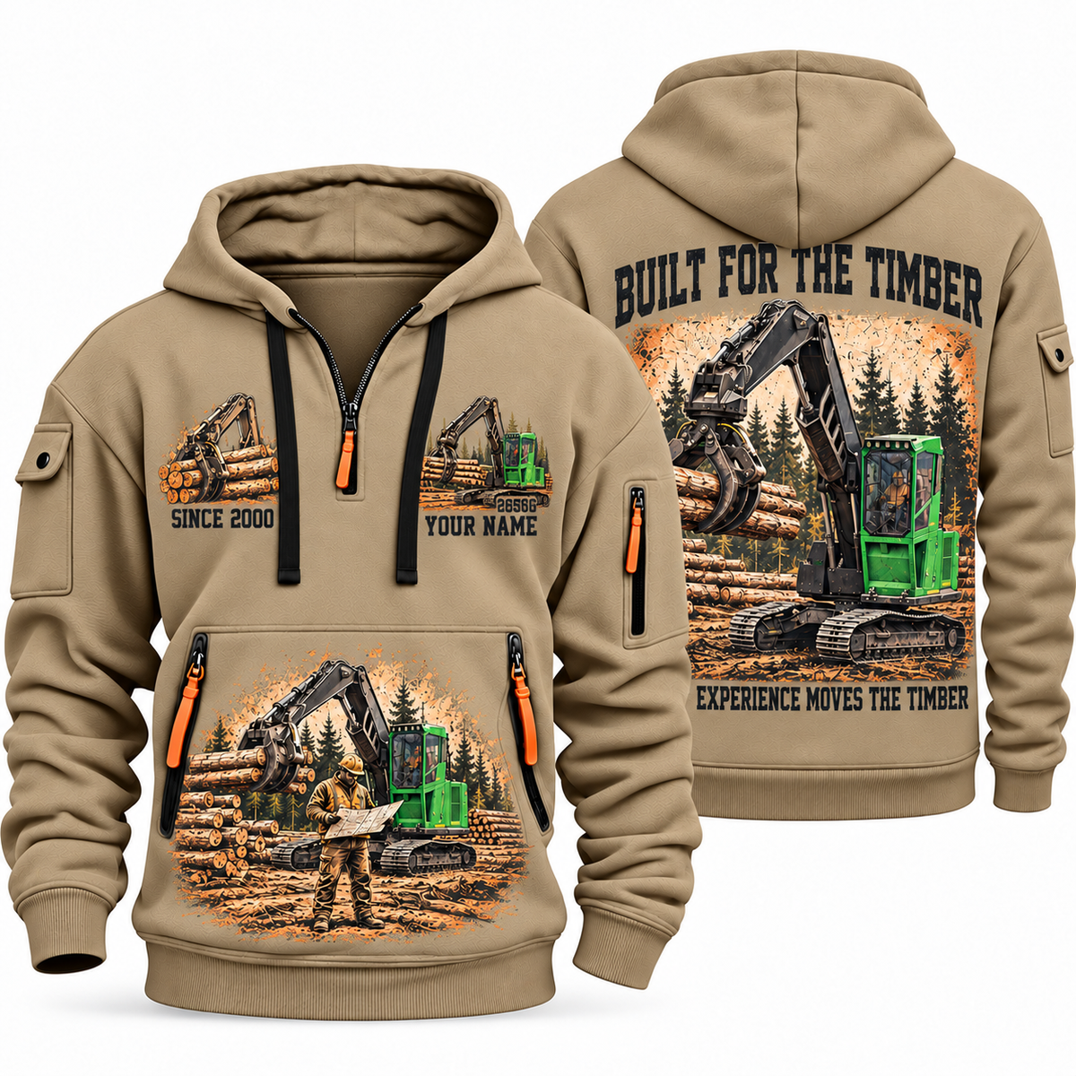 John Deere 2656G Log Loader Operator quarter zip hoodie in Khaki, front and back views, sample YOUR NAME and SINCE 2000 artwork