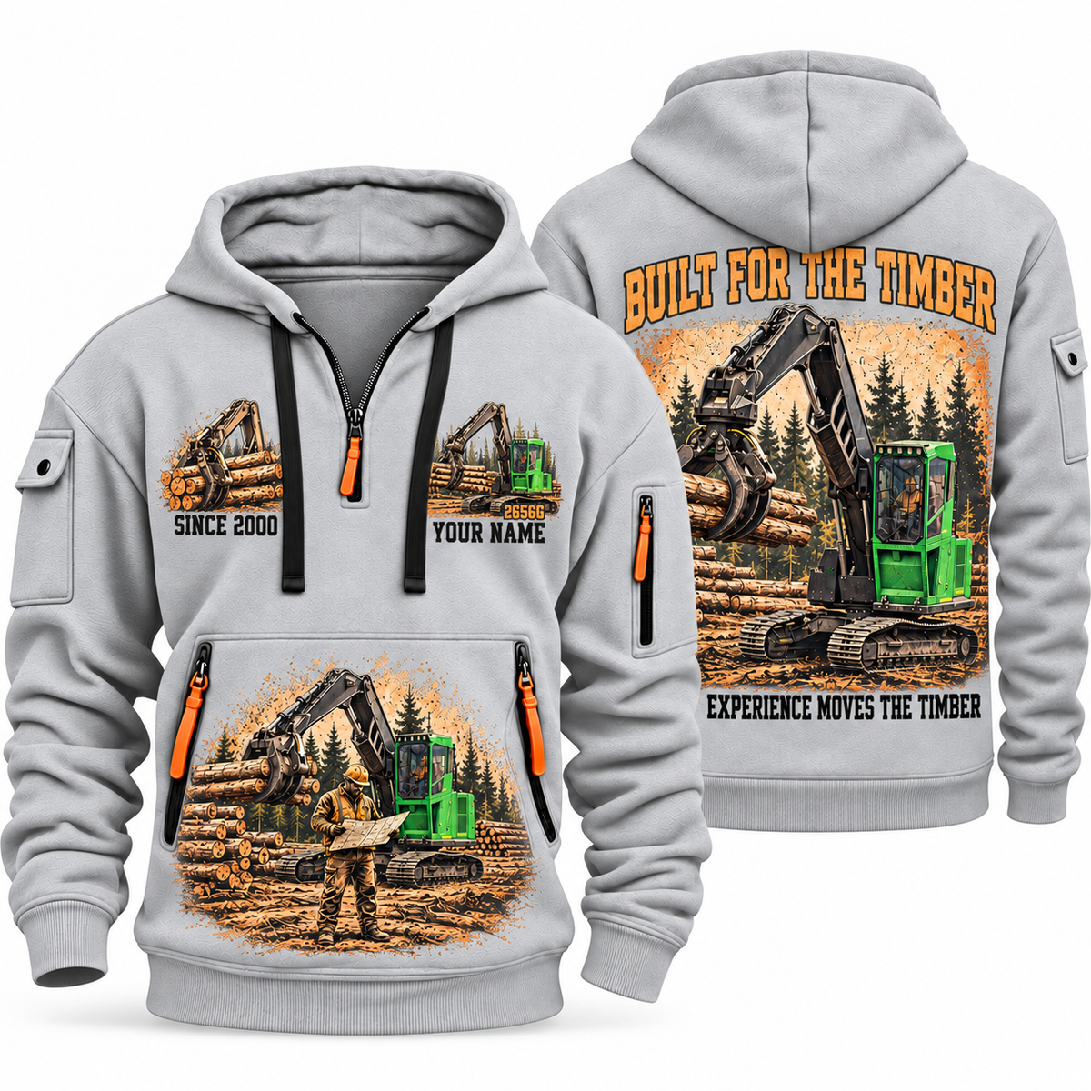 John Deere 2656G Log Loader Operator quarter zip hoodie in Light Grey, front and back views, sample YOUR NAME and SINCE 2000 artwork