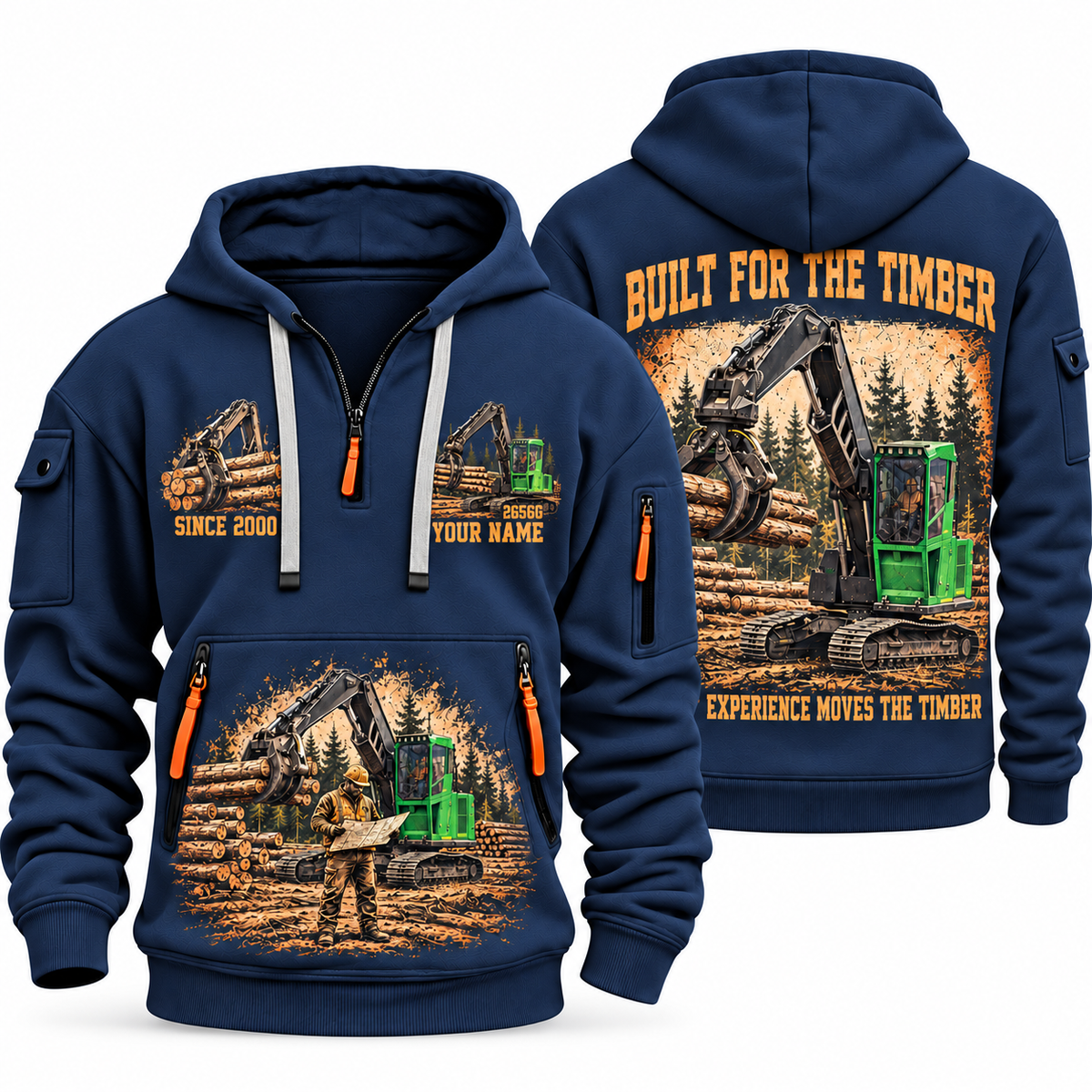 John Deere 2656G Log Loader Operator quarter zip hoodie in Navy, front and back views, sample YOUR NAME and SINCE 2000 artwork