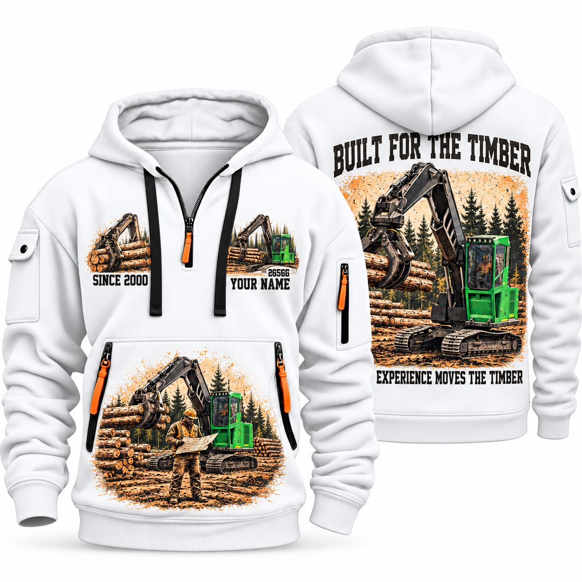 John Deere 2656G Log Loader Operator quarter zip hoodie in White, front and back views, sample YOUR NAME and SINCE 2000 artwork