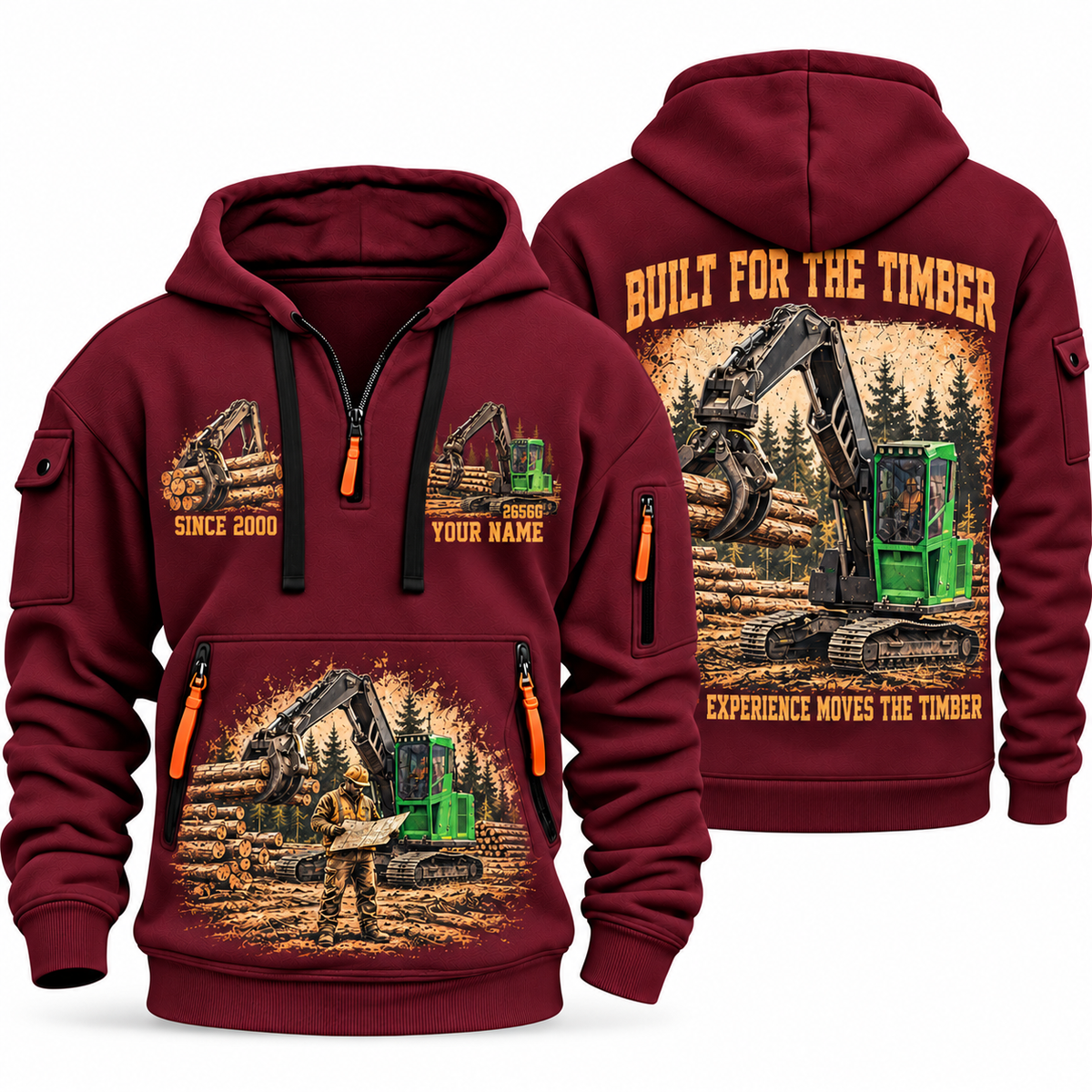 John Deere 2656G Log Loader Operator quarter zip hoodie in Wine Red, front and back views, sample YOUR NAME and SINCE 2000 artwork