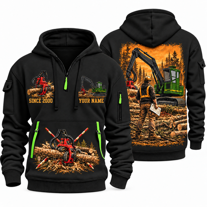 John Deere 2154G with Waratah HTH622B Processor Operator quarter zip hoodie in Black, front and back views, sample YOUR NAME and SINCE 2000 artwork