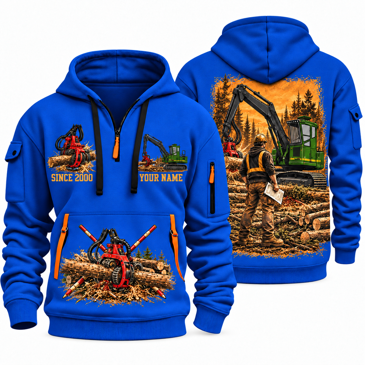 John Deere 2154G with Waratah HTH622B Processor Operator quarter zip hoodie in Blue, front and back views, sample YOUR NAME and SINCE 2000 artwork