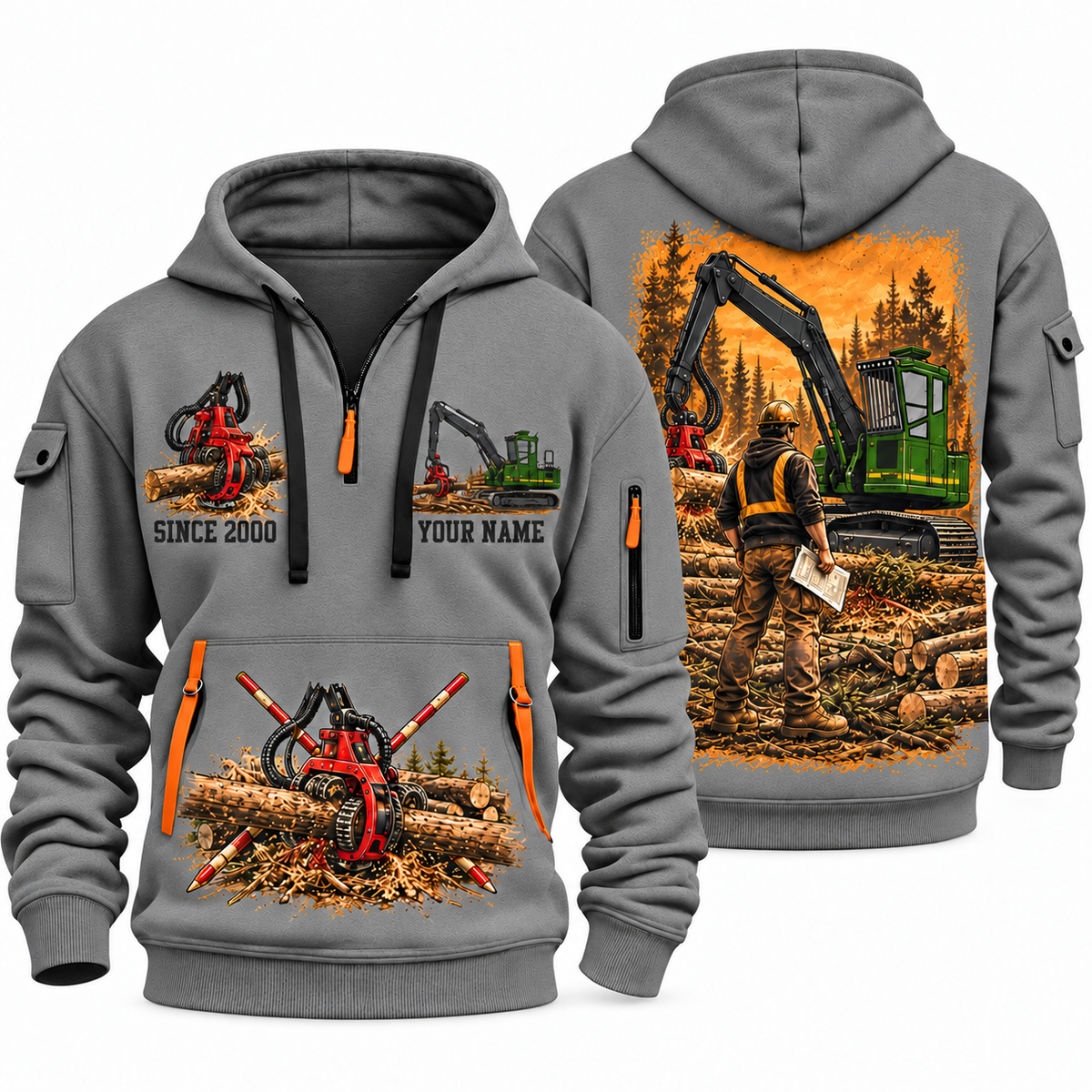 John Deere 2154G with Waratah HTH622B Processor Operator quarter zip hoodie in Gray, front and back views, sample YOUR NAME and SINCE 2000 artwork