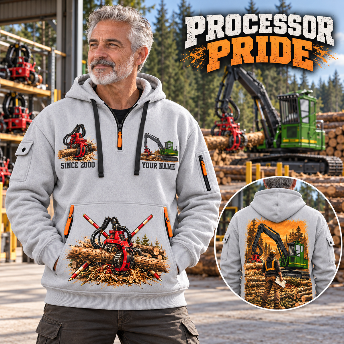 John Deere 2154G with Waratah HTH622B Processor Operator quarter zip hoodie in Light Grey, adult lifestyle portrait showing front and back artwork