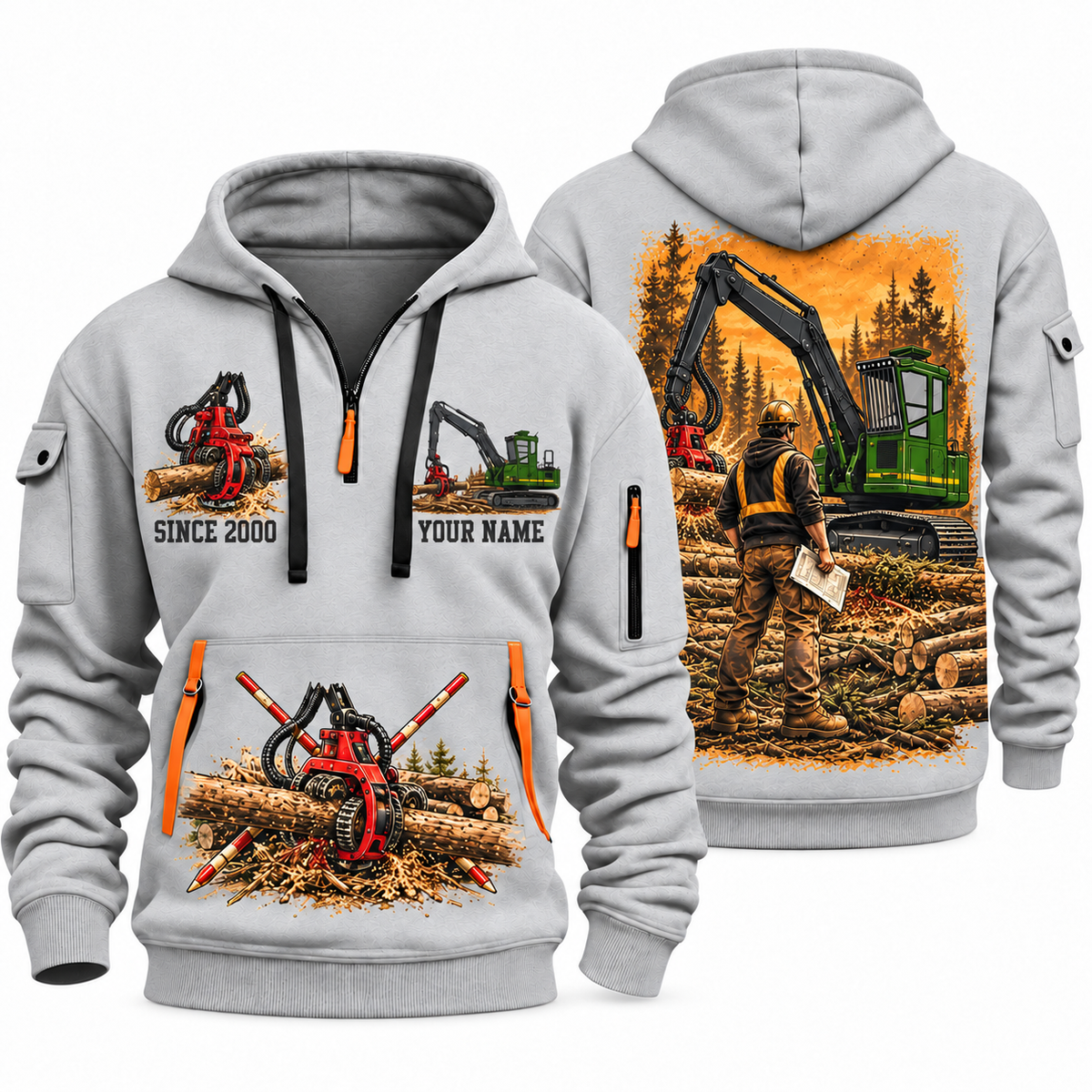 John Deere 2154G with Waratah HTH622B Processor Operator quarter zip hoodie in Light Grey, front and back views, sample YOUR NAME and SINCE 2000 artwork
