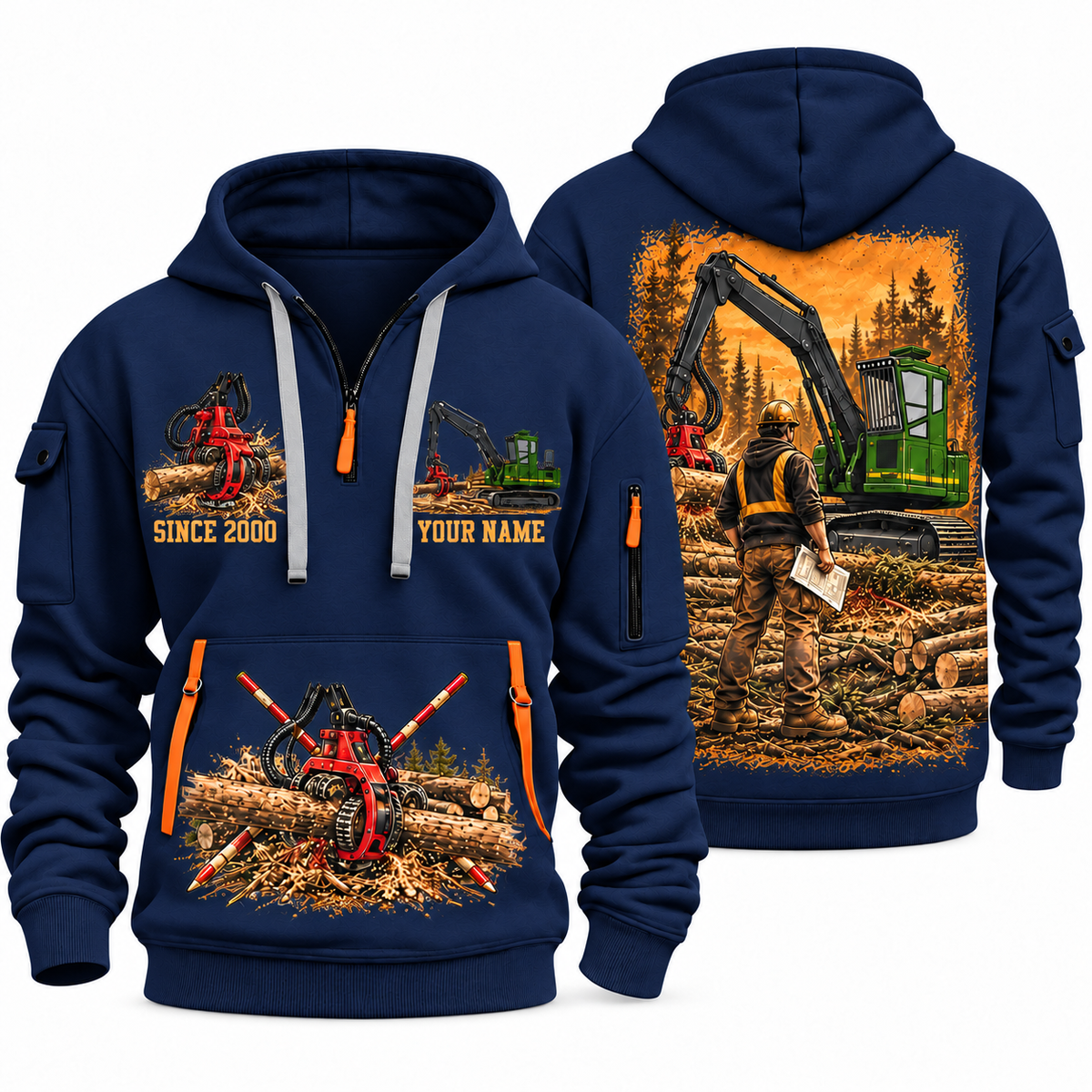 John Deere 2154G with Waratah HTH622B Processor Operator quarter zip hoodie in Navy, front and back views, sample YOUR NAME and SINCE 2000 artwork