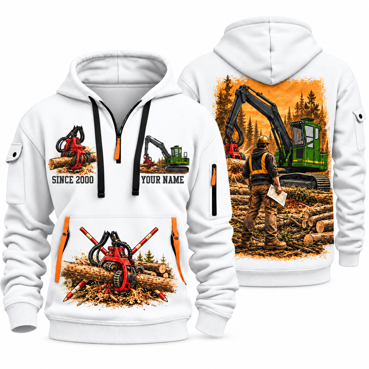 John Deere 2154G with Waratah HTH622B Processor Operator quarter zip hoodie in White, front and back views, sample YOUR NAME and SINCE 2000 artwork