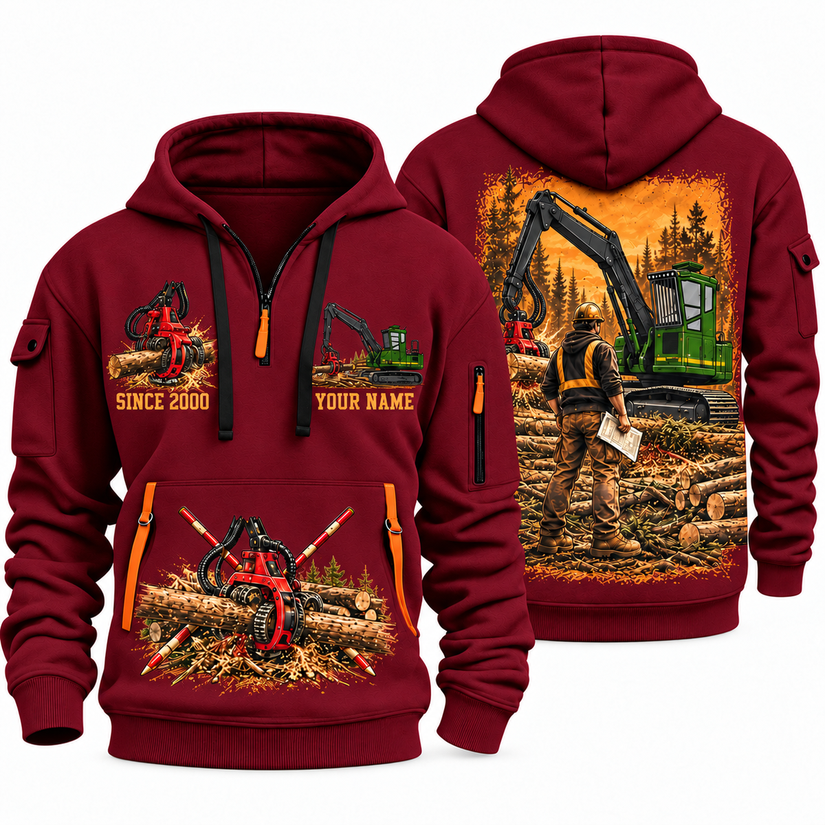 John Deere 2154G with Waratah HTH622B Processor Operator quarter zip hoodie in Wine Red, front and back views, sample YOUR NAME and SINCE 2000 artwork