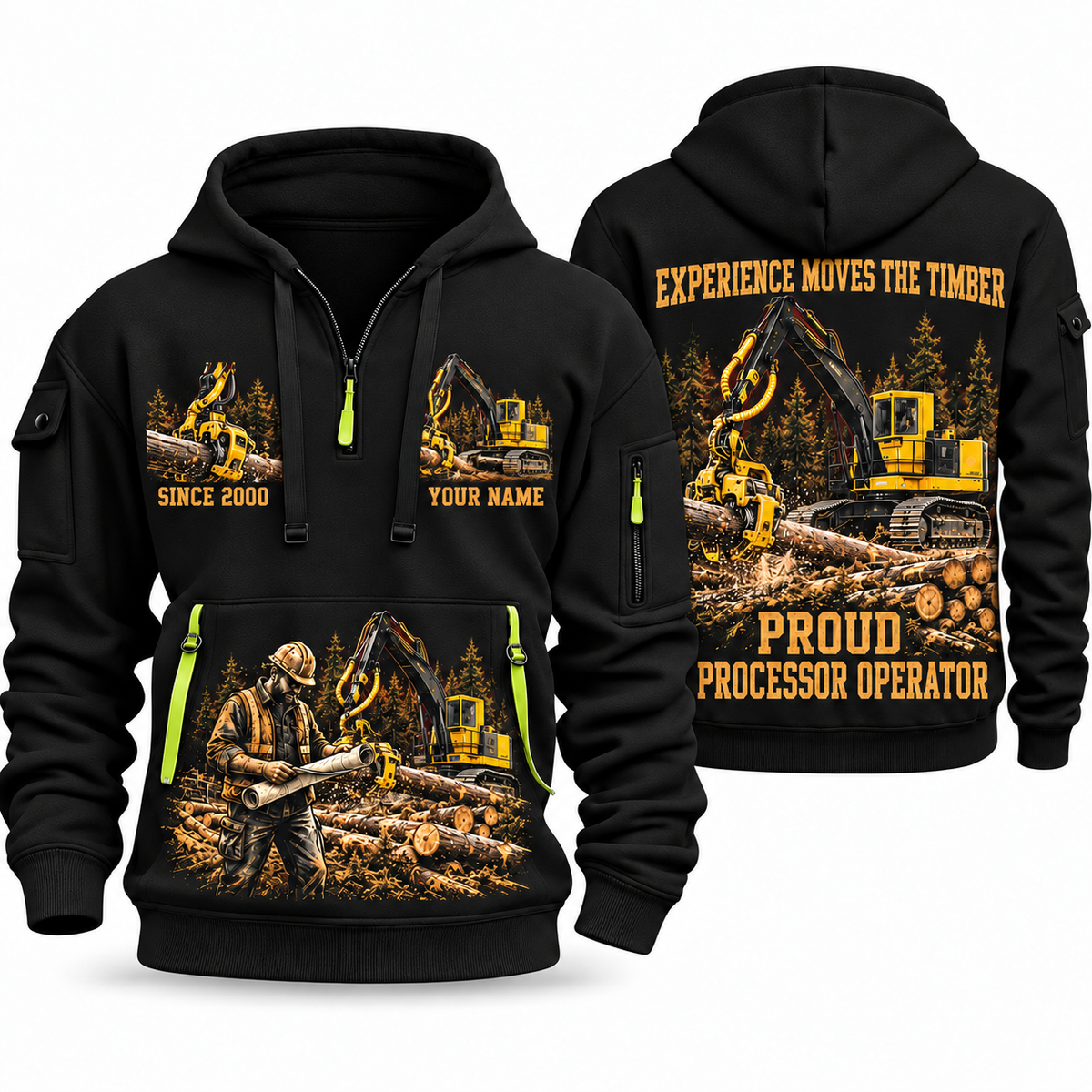 Tigercat H250D with 575 Processor Operator quarter zip hoodie in Black, front and back views, sample YOUR NAME and SINCE 2000 artwork