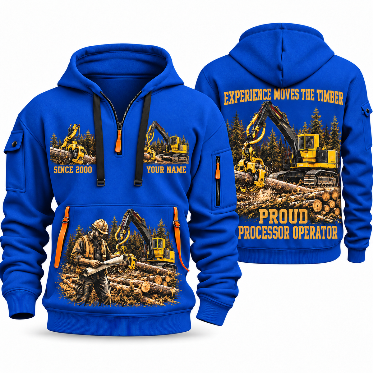 Tigercat H250D with 575 Processor Operator quarter zip hoodie in Blue, front and back views, sample YOUR NAME and SINCE 2000 artwork