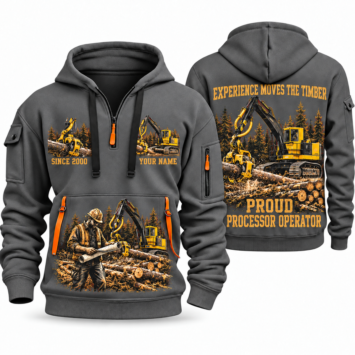 Tigercat H250D with 575 Processor Operator quarter zip hoodie in Gray, front and back views, sample YOUR NAME and SINCE 2000 artwork