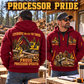 Tigercat H250D with 575 Processor Operator quarter zip hoodie in Wine Red, adult lifestyle portrait showing front and back artwork
