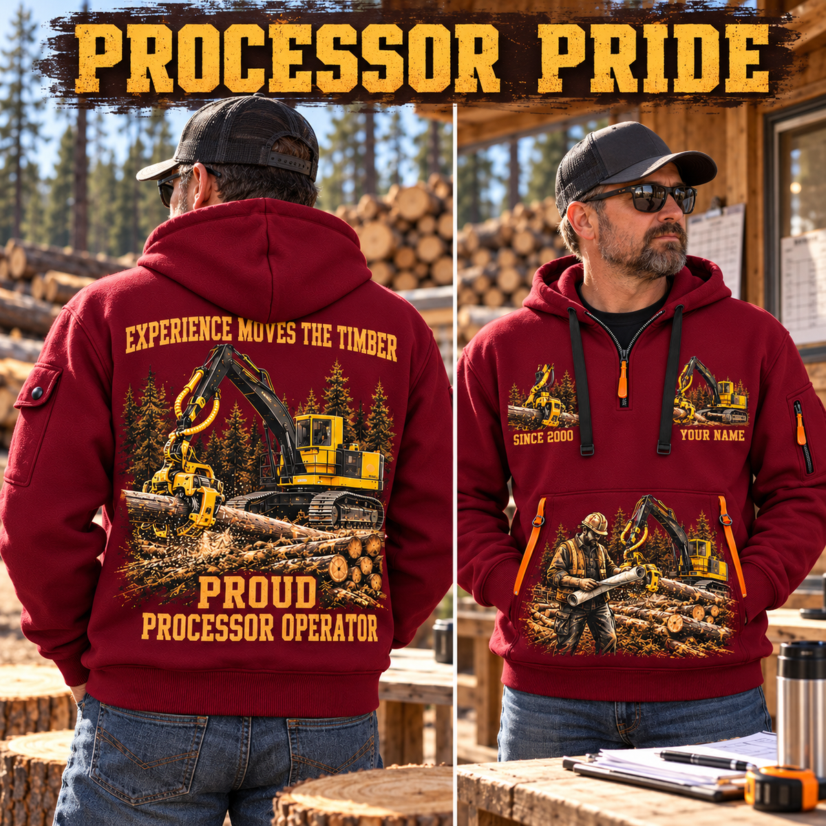 Tigercat H250D with 575 Processor Operator quarter zip hoodie in Wine Red, adult lifestyle portrait showing front and back artwork