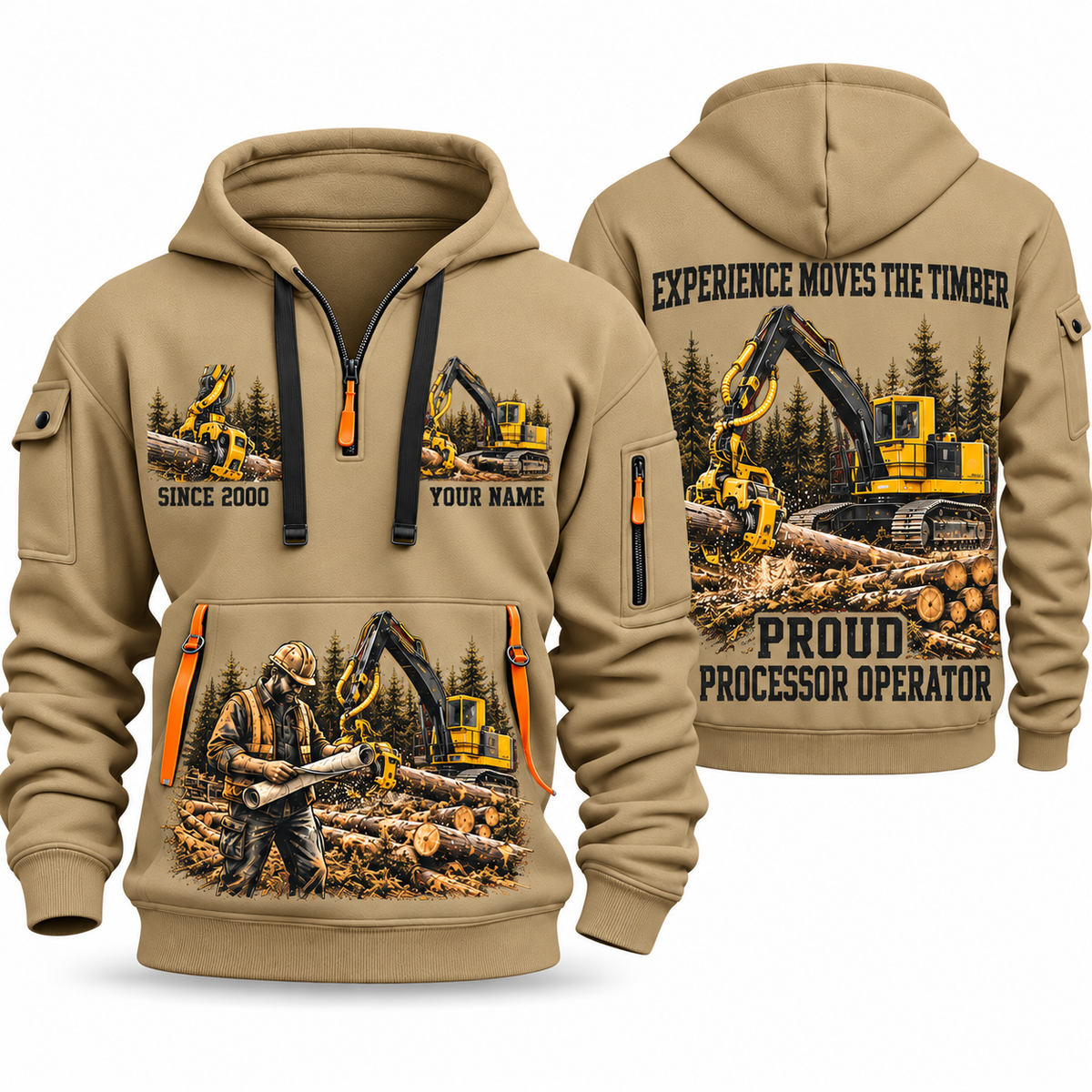 Tigercat H250D with 575 Processor Operator quarter zip hoodie in Khaki, front and back views, sample YOUR NAME and SINCE 2000 artwork