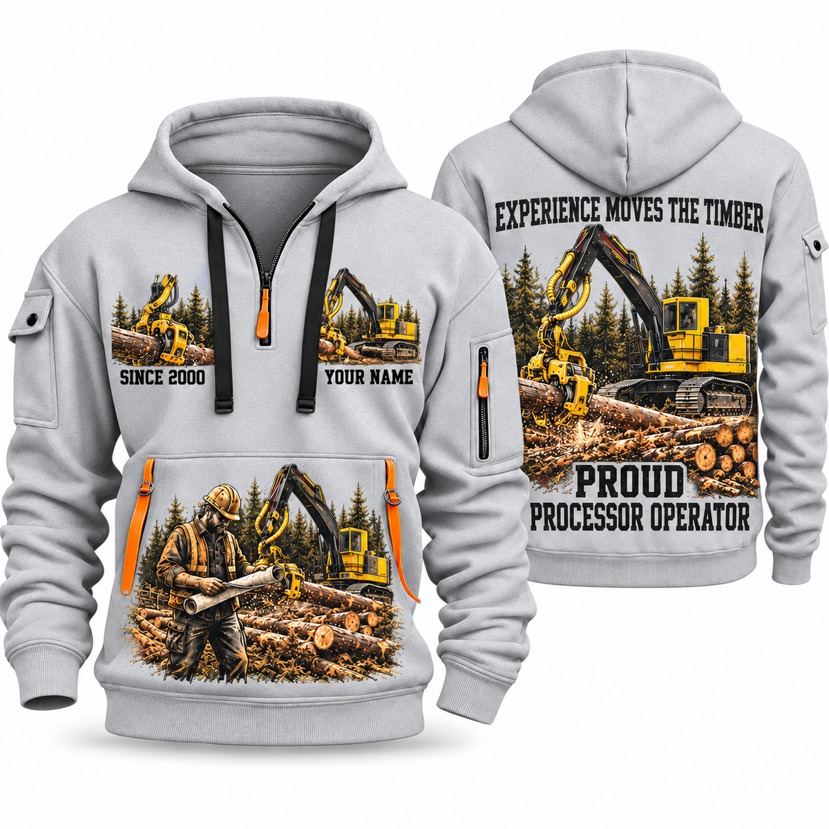 Tigercat H250D with 575 Processor Operator quarter zip hoodie in Light Grey, front and back views, sample YOUR NAME and SINCE 2000 artwork