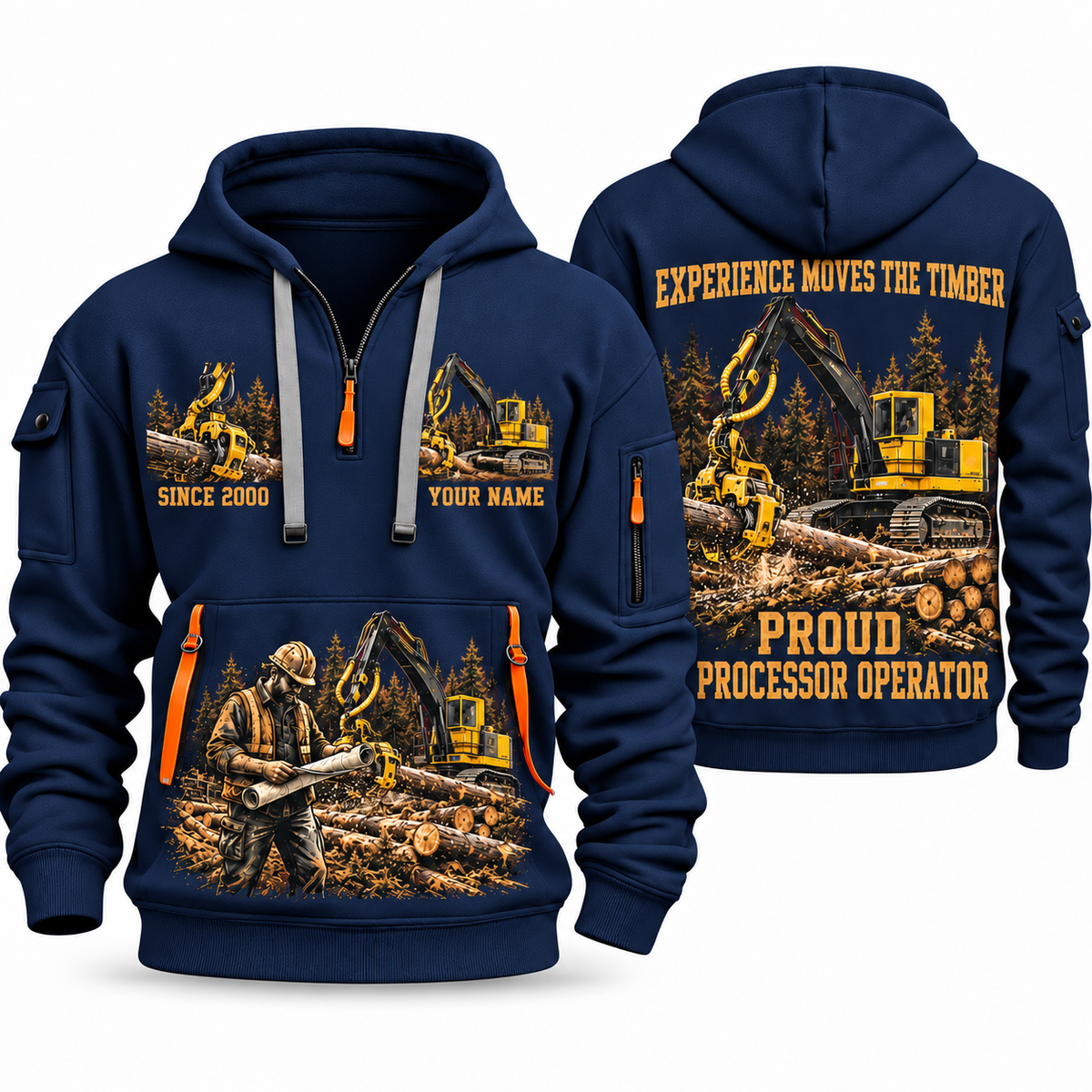 Tigercat H250D with 575 Processor Operator quarter zip hoodie in Navy, front and back views, sample YOUR NAME and SINCE 2000 artwork