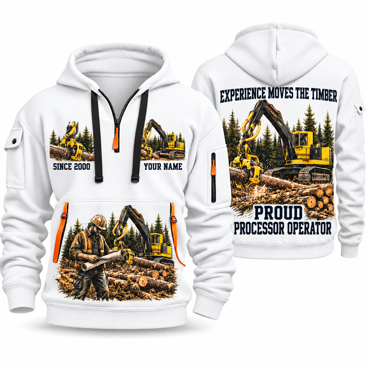 Tigercat H250D with 575 Processor Operator quarter zip hoodie in White, front and back views, sample YOUR NAME and SINCE 2000 artwork