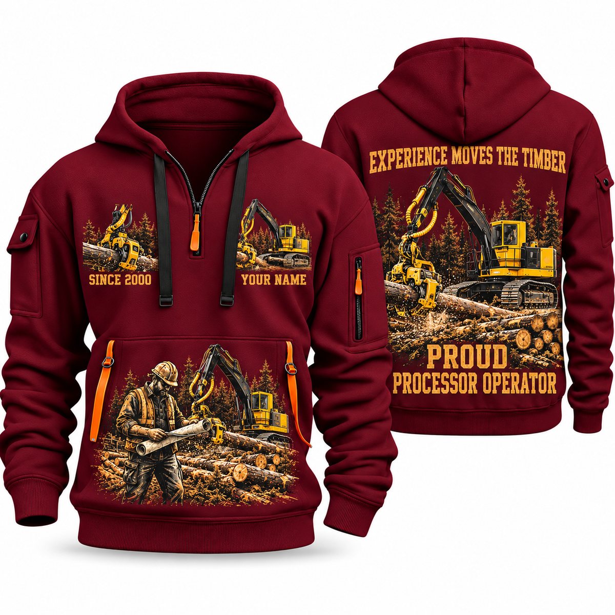 Tigercat H250D with 575 Processor Operator quarter zip hoodie in Wine Red, front and back views, sample YOUR NAME and SINCE 2000 artwork