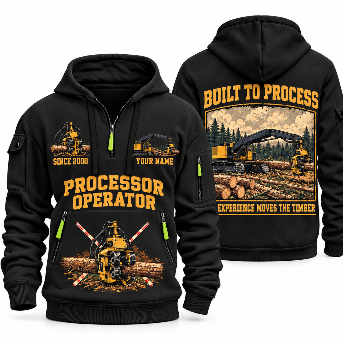 Tigercat 850 with 568 Processor Operator quarter zip hoodie in Black, front and back views, sample YOUR NAME and SINCE 2000 artwork